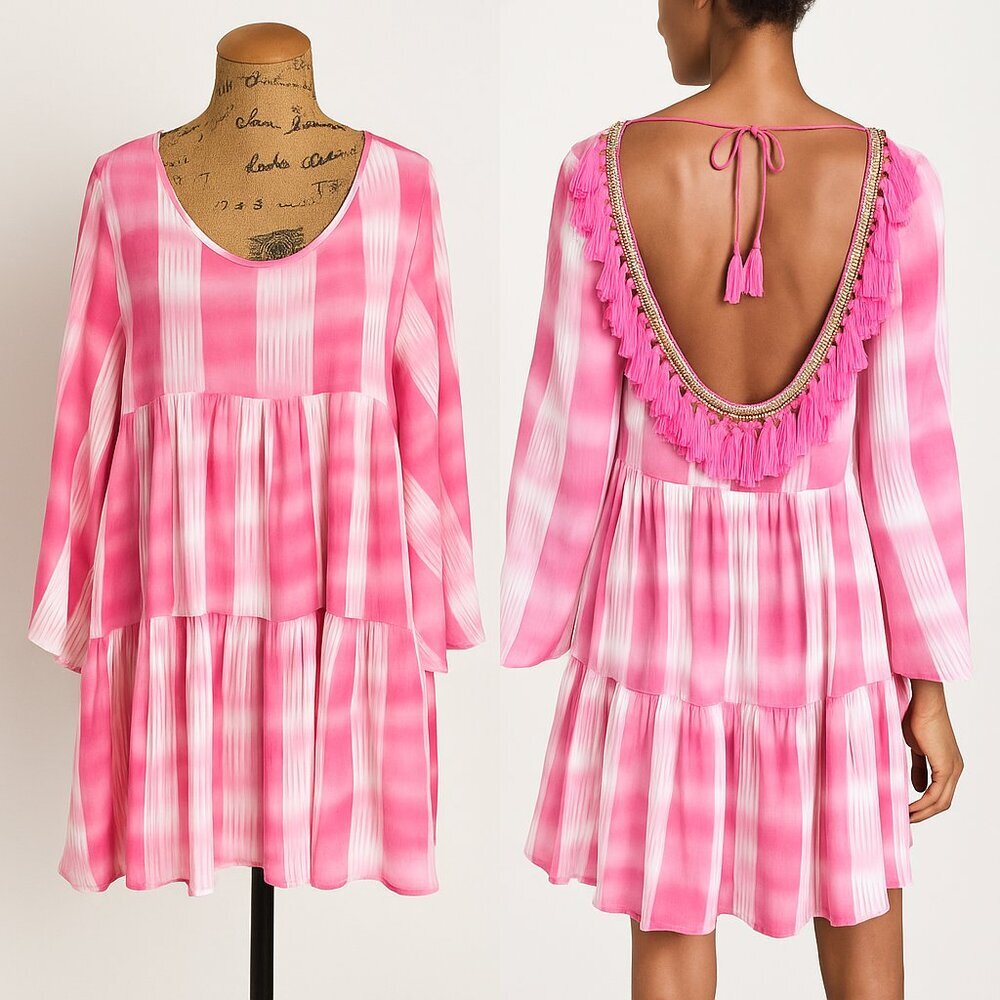 NWT Laura Jane Paris - Pink & White Tassel Open-Back Baby Doll Dress - Size OS​